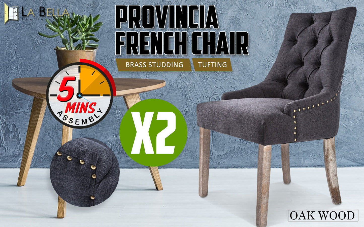 2X French Provincial Dining Chair Oak Leg AMOUR BLACK - Cosy Abode