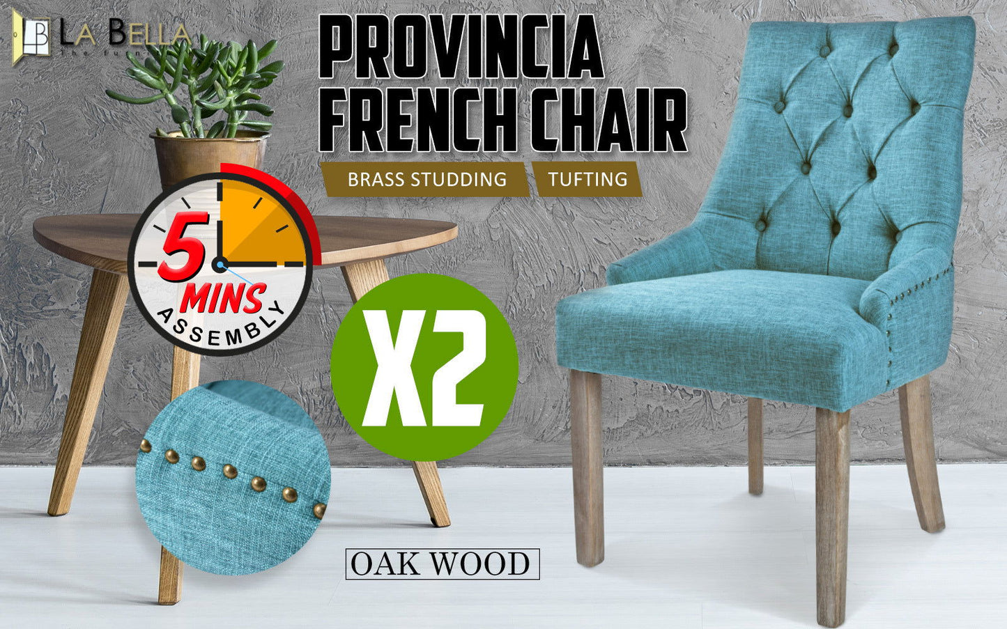 2X French Provincial Dining Chair Oak Leg AMOUR BLUE - Cosy Abode