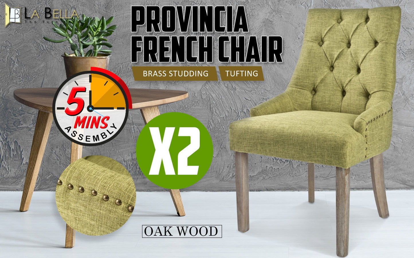 2X French Provincial Dining Chair Oak Leg AMOUR GREEN - Cosy Abode