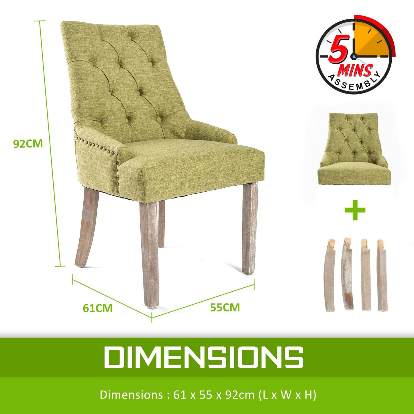 2X French Provincial Dining Chair Oak Leg AMOUR GREEN - Cosy Abode