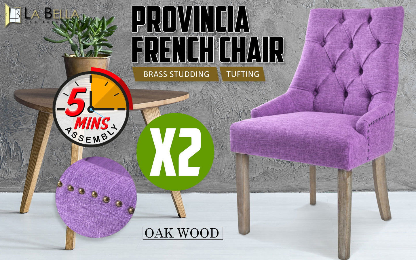 2X French Provincial Dining Chair Oak Leg AMOUR VIOLET - Cosy Abode