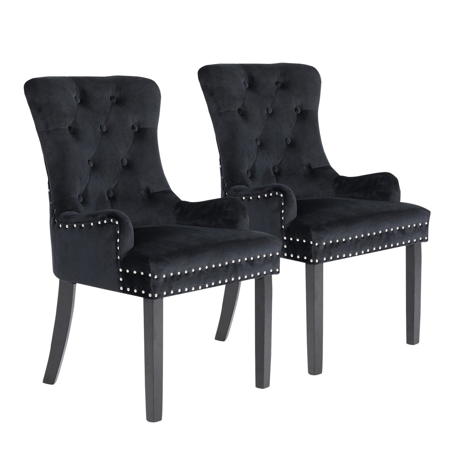 2X French Provincial Dining Chair Ring Studded Velvet Rubberwood Leg LISSE BLACK - Cosy Abode