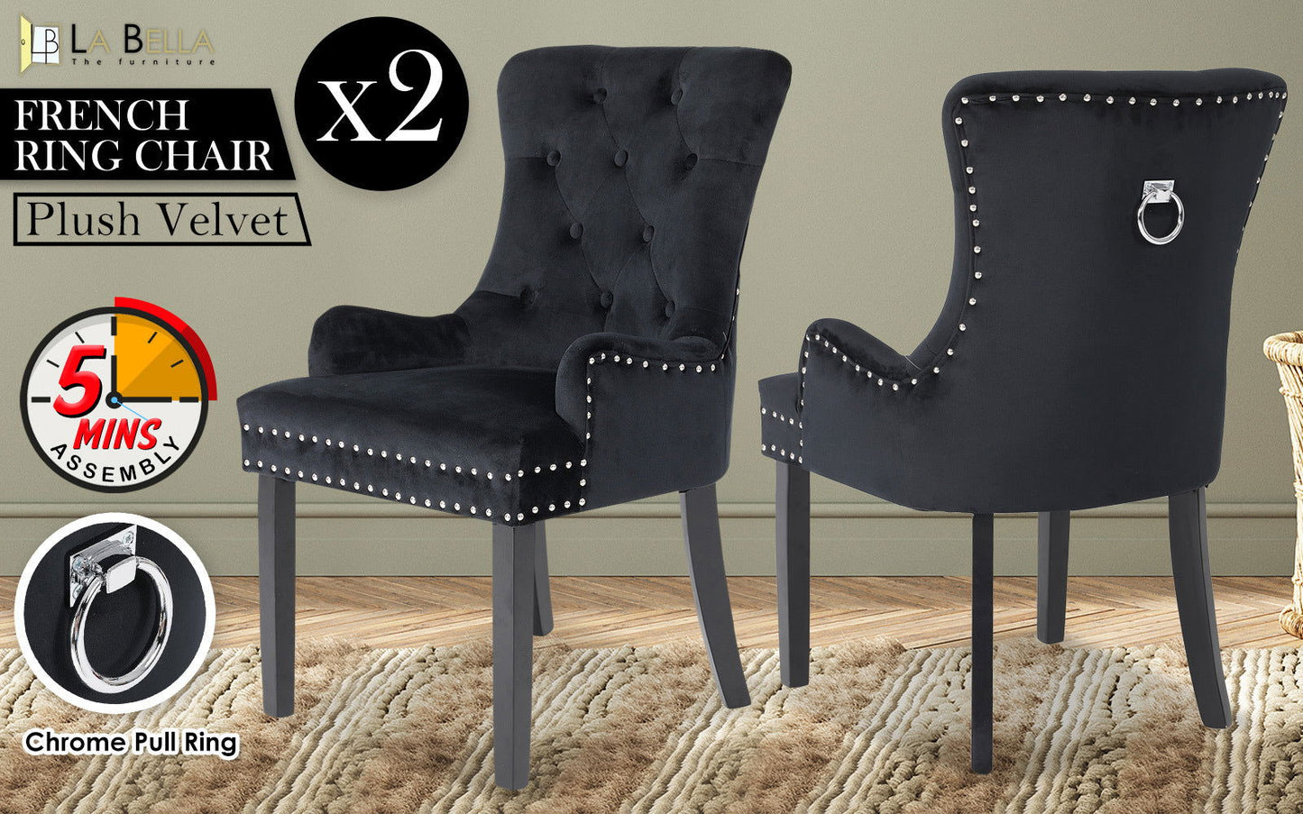 2X French Provincial Dining Chair Ring Studded Velvet Rubberwood Leg LISSE BLACK - Cosy Abode
