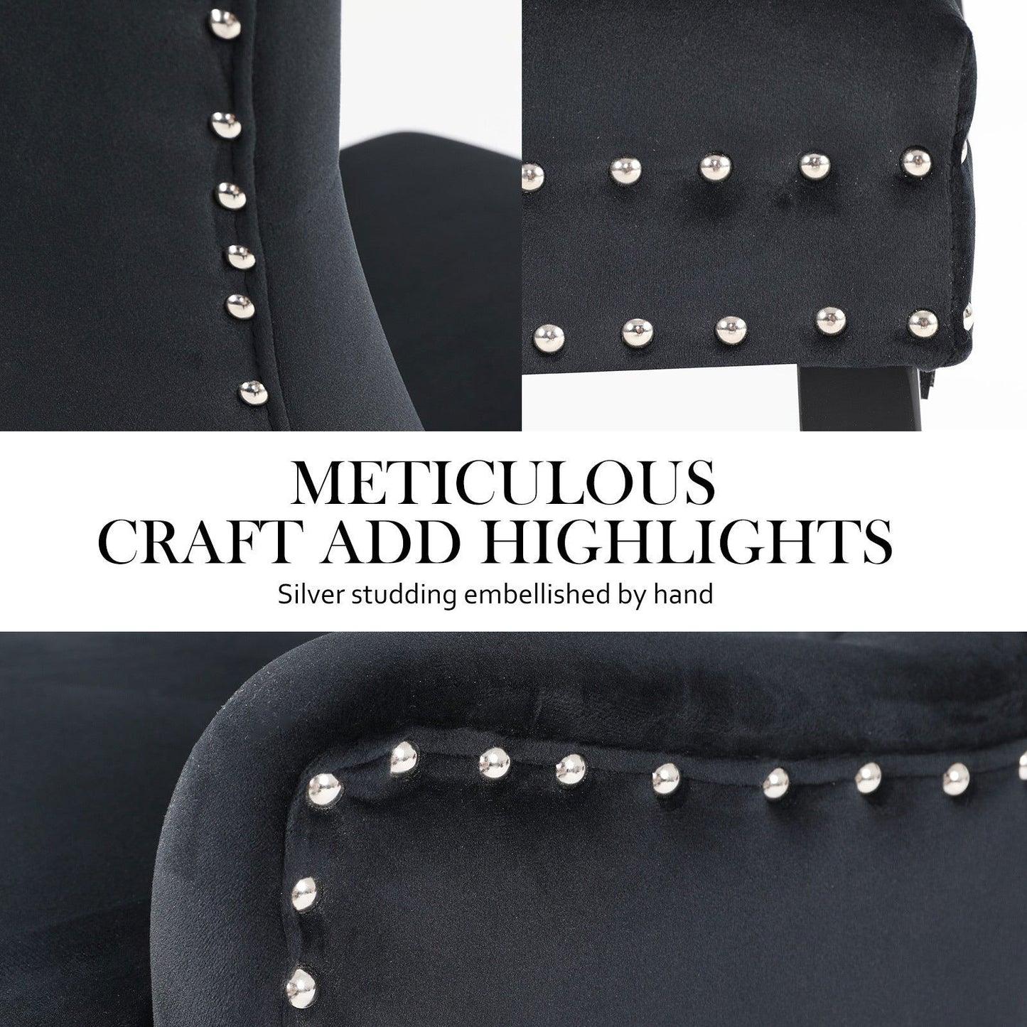 2X French Provincial Dining Chair Ring Studded Velvet Rubberwood Leg LISSE BLACK - Cosy Abode
