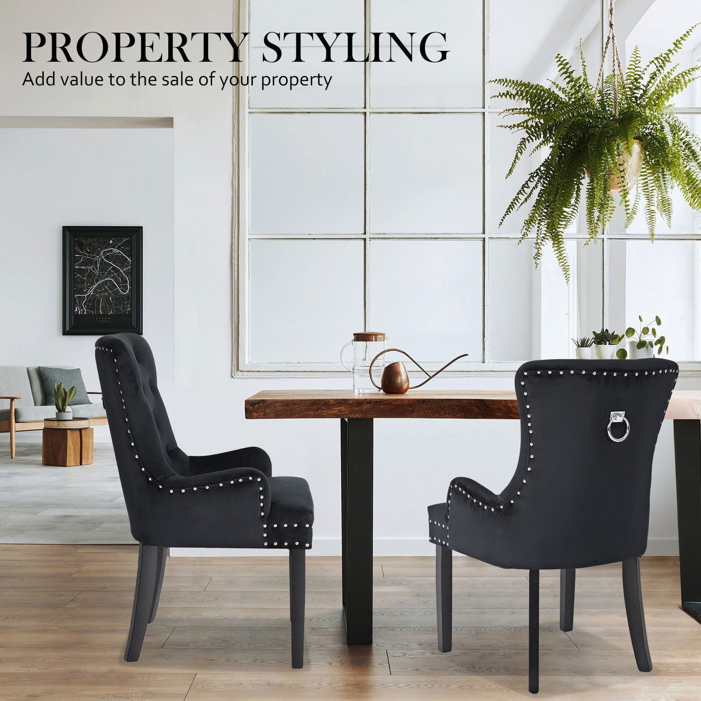 2X French Provincial Dining Chair Ring Studded Velvet Rubberwood Leg LISSE BLACK - Cosy Abode