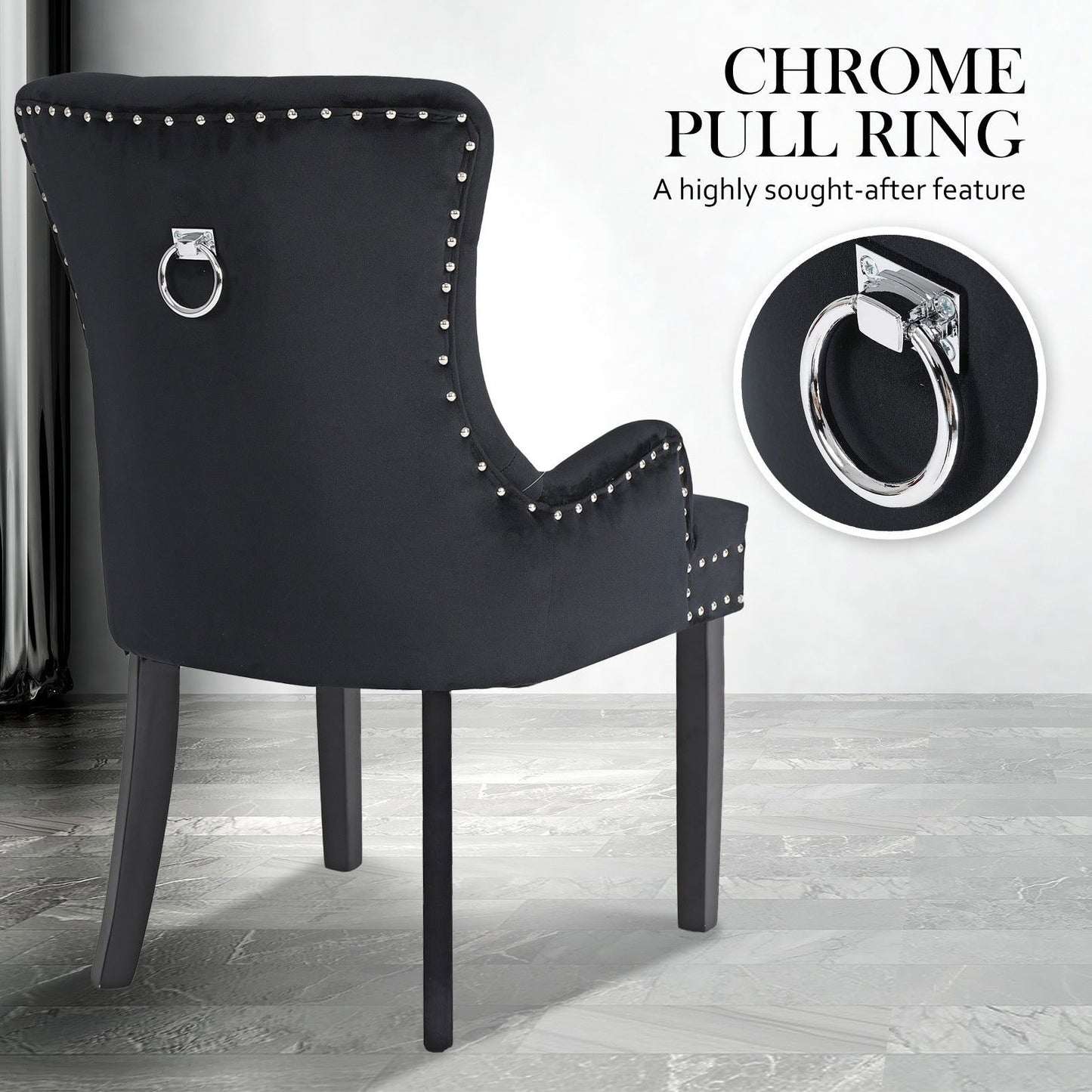 2X French Provincial Dining Chair Ring Studded Velvet Rubberwood Leg LISSE BLACK - Cosy Abode