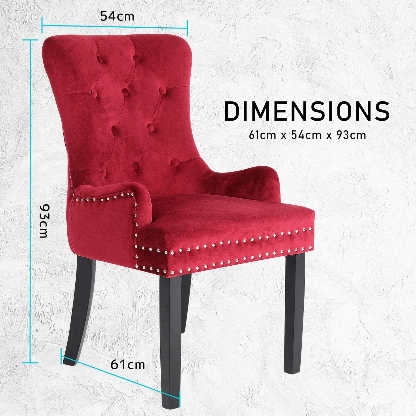 2X French Provincial Dining Chair Ring Studded Velvet Rubberwood Leg LISSE BORDEAUX RED - Cosy Abode