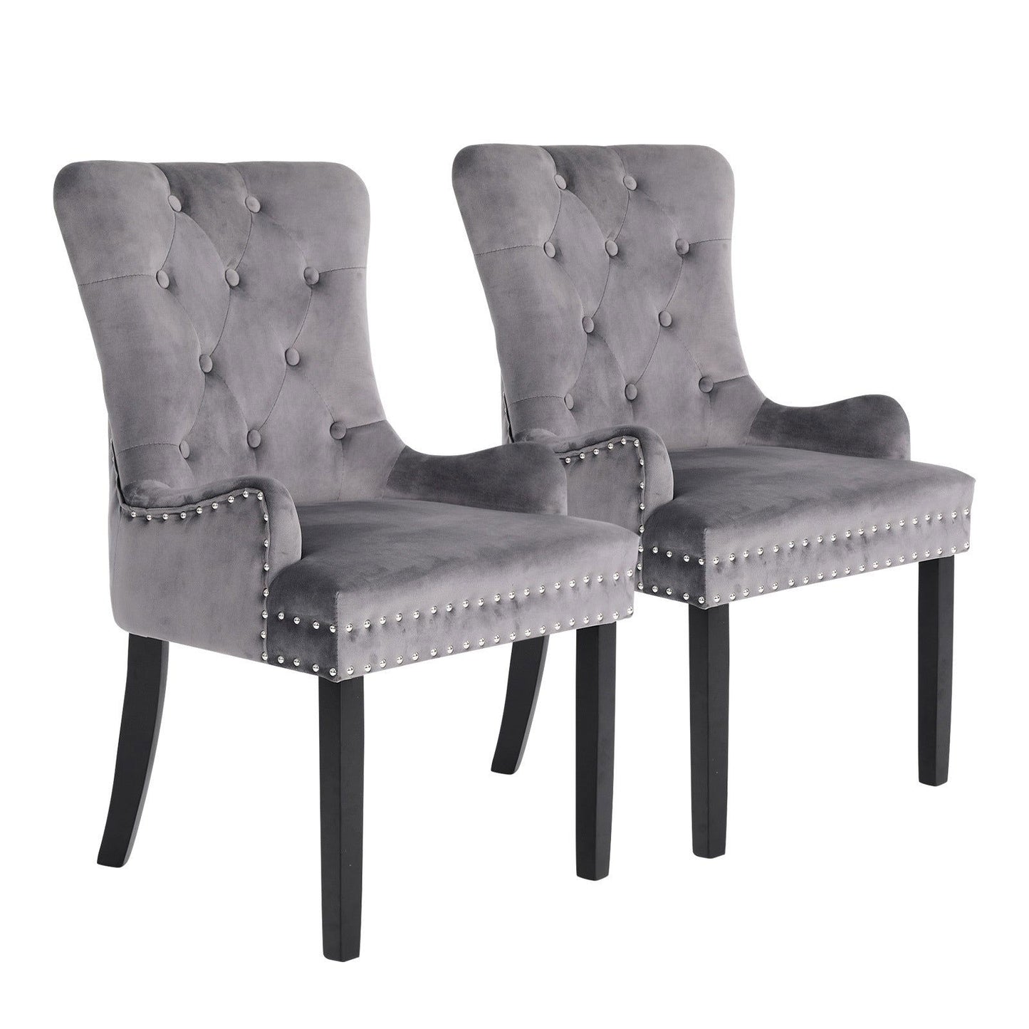2X French Provincial Dining Chair Ring Studded Velvet Rubberwood Leg LISSE GREY - Cosy Abode