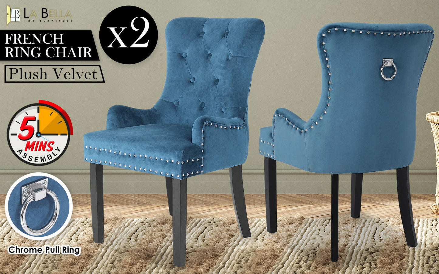 2X French Provincial Dining Chair Ring Studded Velvet Rubberwood Leg LISSE NAVY BLUE - Cosy Abode