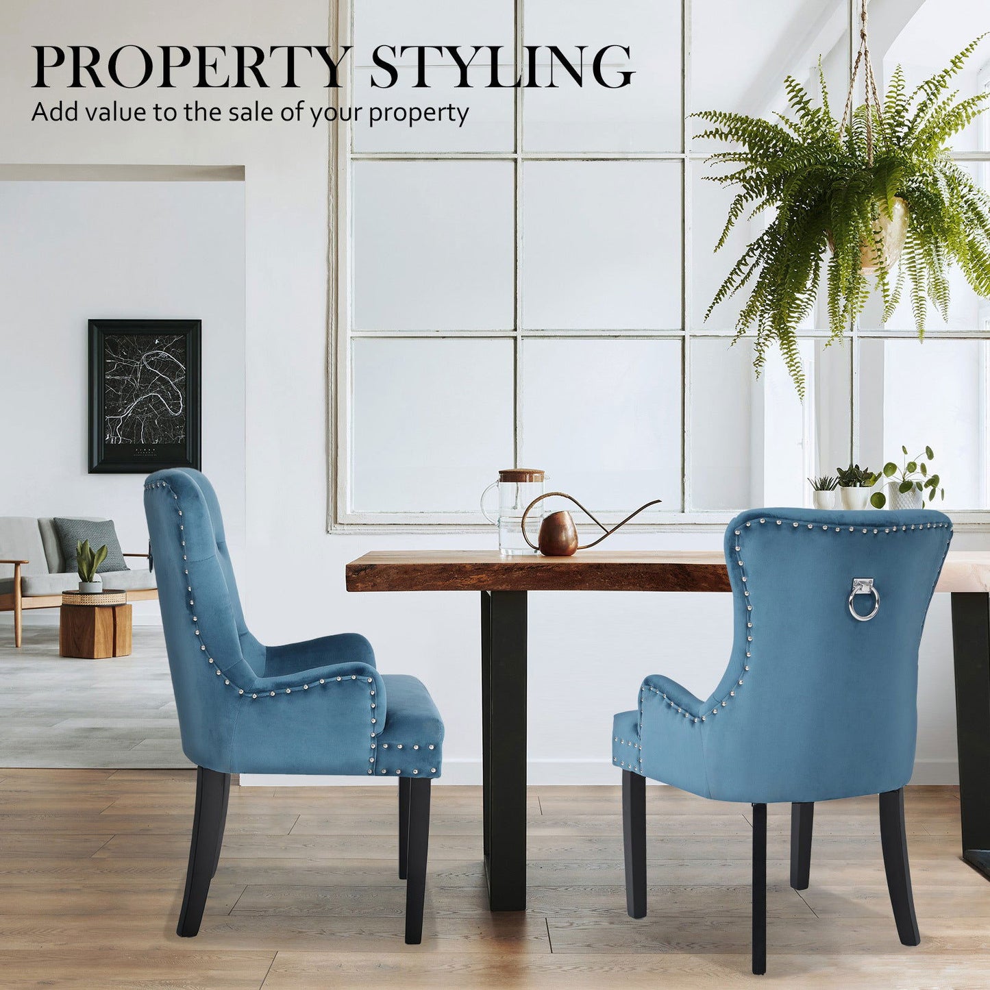 2X French Provincial Dining Chair Ring Studded Velvet Rubberwood Leg LISSE NAVY BLUE - Cosy Abode