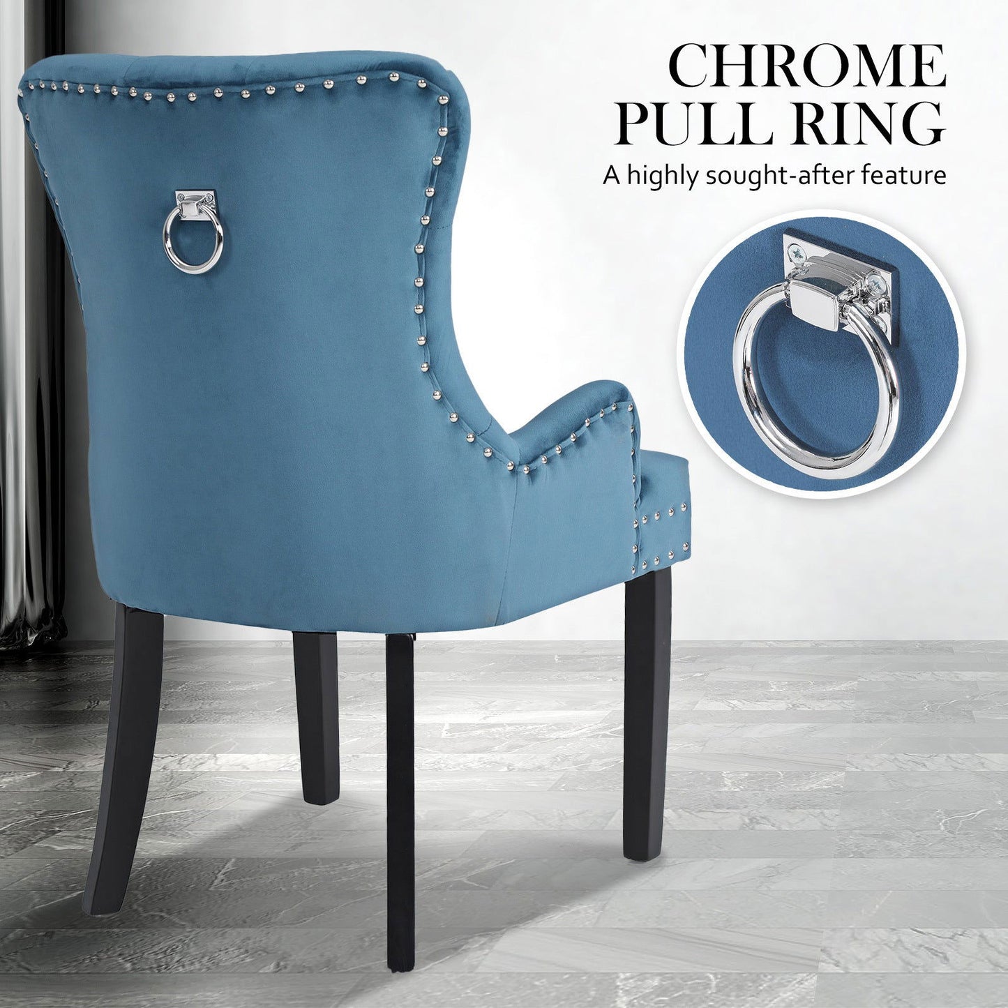 2X French Provincial Dining Chair Ring Studded Velvet Rubberwood Leg LISSE NAVY BLUE - Cosy Abode