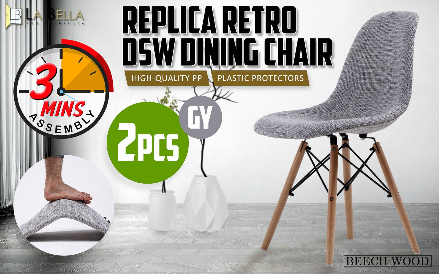 2X Retro Dining Cafe Chair DSW GREY - Cosy Abode