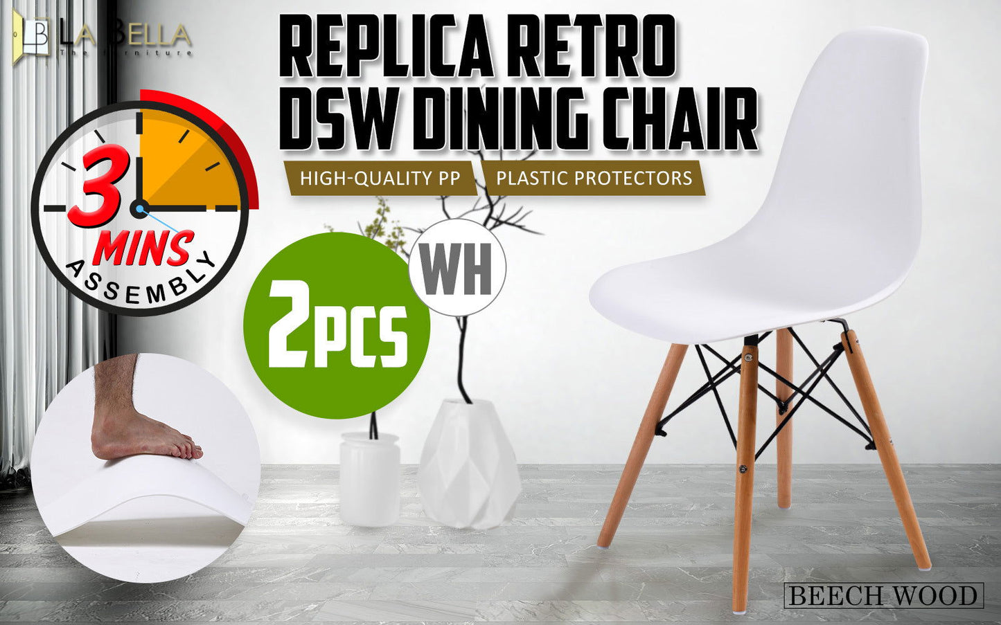 2X Retro Dining Cafe Chair DSW WHITE - Cosy Abode