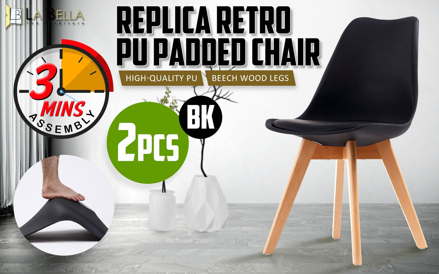 2X Retro Dining Cafe Chair Padded Seat BLACK - Cosy Abode