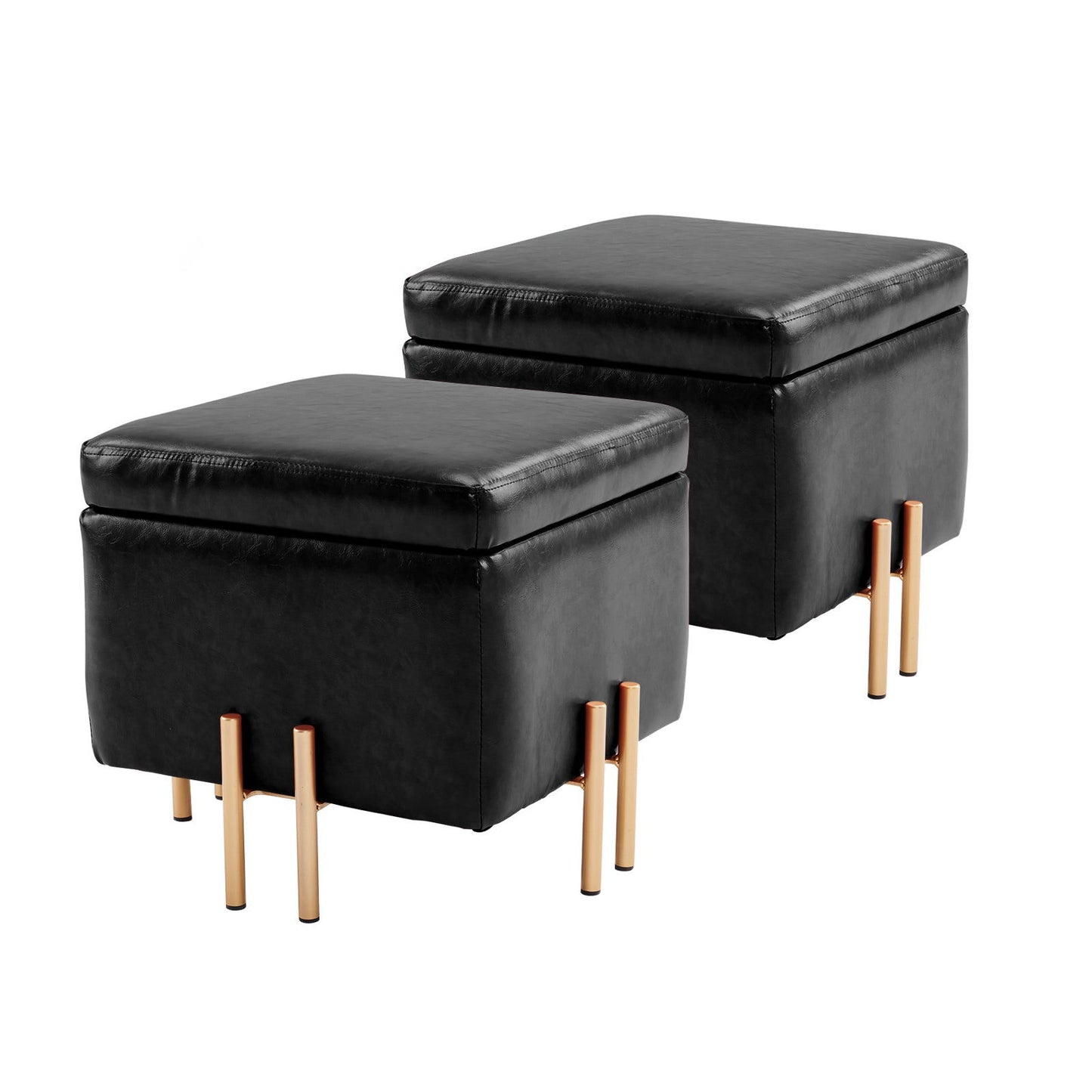 2X Storage Ottoman Foot Stool Cube Tuffet Seat 45cm PU Leather BLACK - Cosy Abode