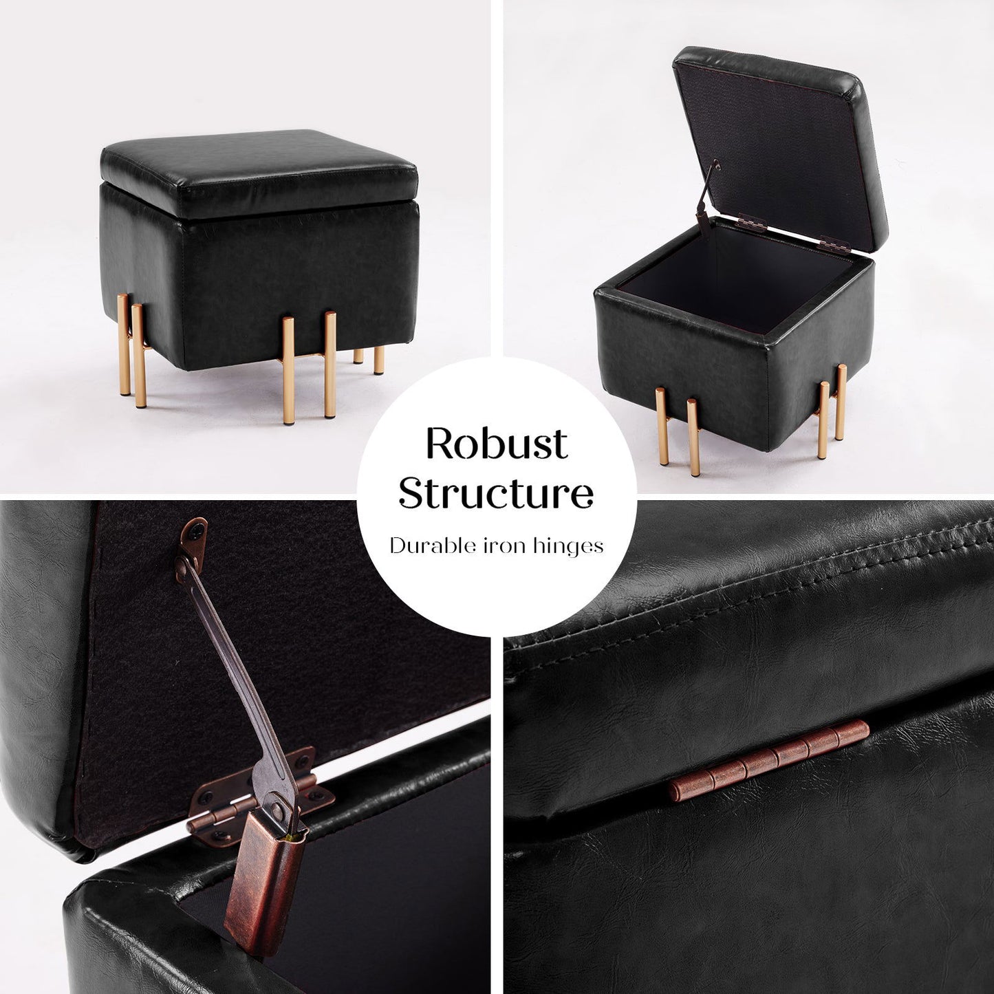 2X Storage Ottoman Foot Stool Cube Tuffet Seat 45cm PU Leather BLACK - Cosy Abode