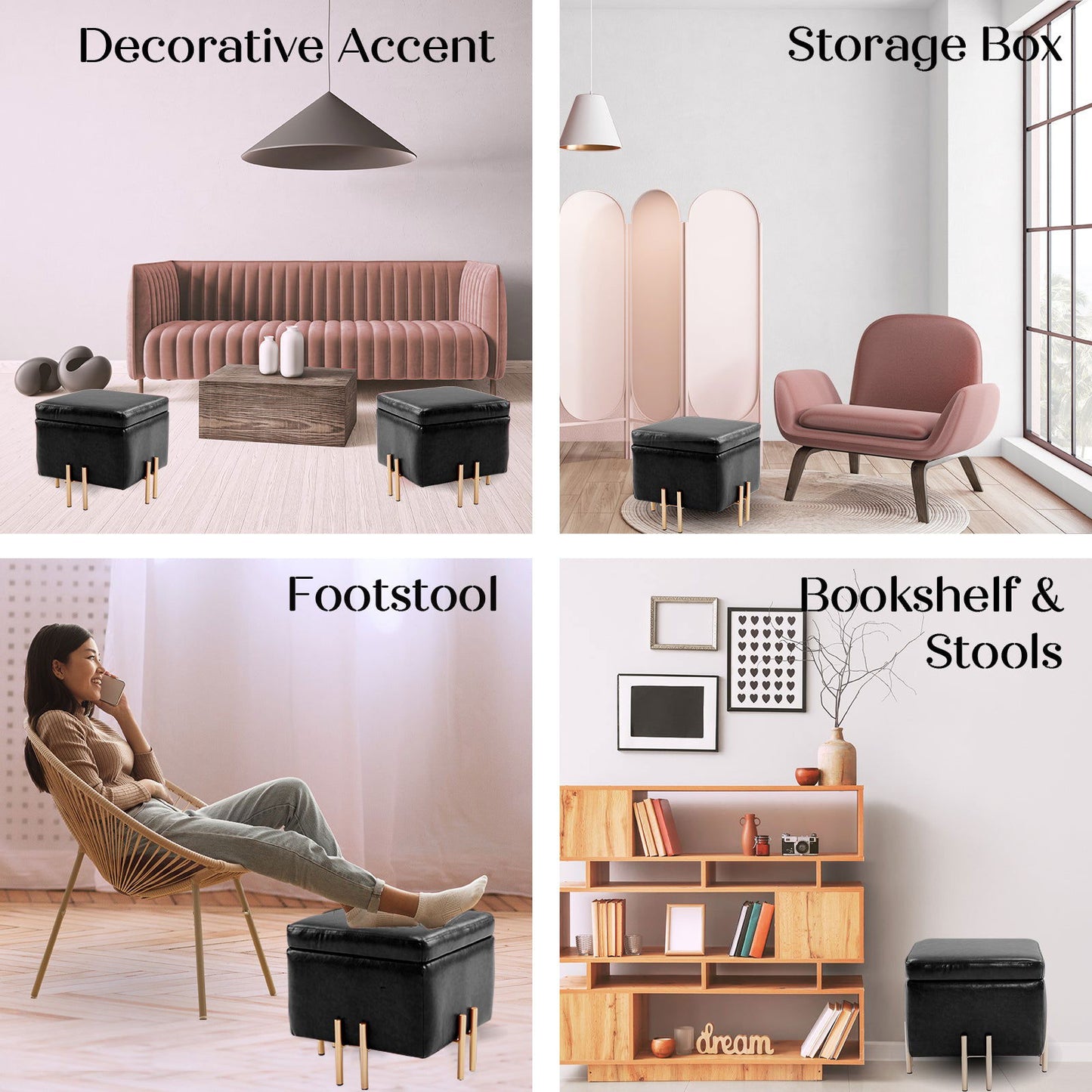 2X Storage Ottoman Foot Stool Cube Tuffet Seat 45cm PU Leather BLACK - Cosy Abode