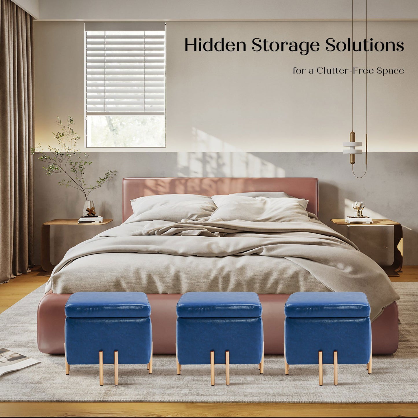 2X Storage Ottoman Foot Stool Cube Tuffet Seat 45cm PU Leather BLUE - Cosy Abode