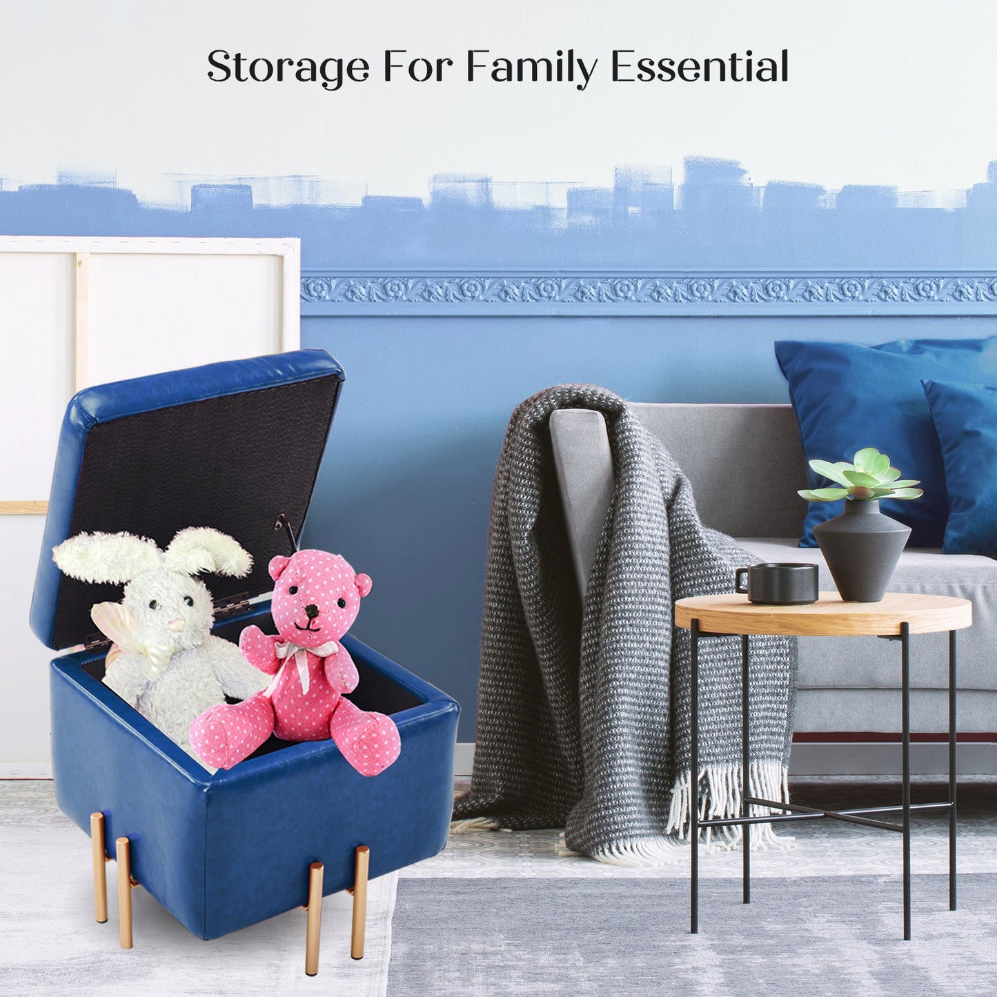 2X Storage Ottoman Foot Stool Cube Tuffet Seat 45cm PU Leather BLUE - Cosy Abode