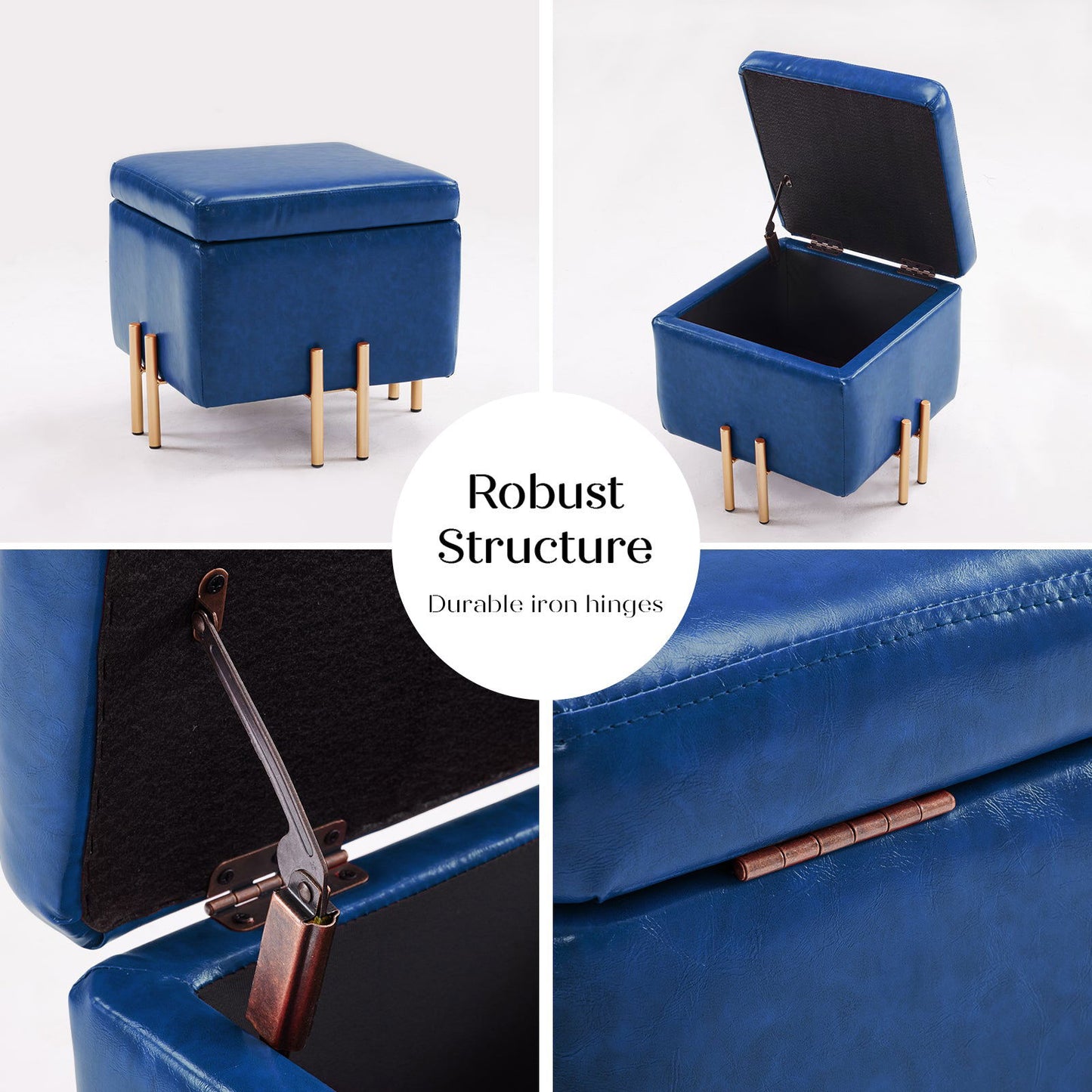 2X Storage Ottoman Foot Stool Cube Tuffet Seat 45cm PU Leather BLUE - Cosy Abode
