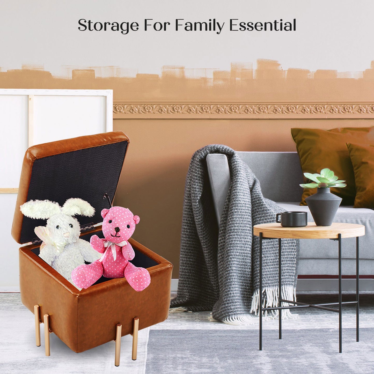 2X Storage Ottoman Foot Stool Cube Tuffet Seat 45cm PU Leather BROWN - Cosy Abode