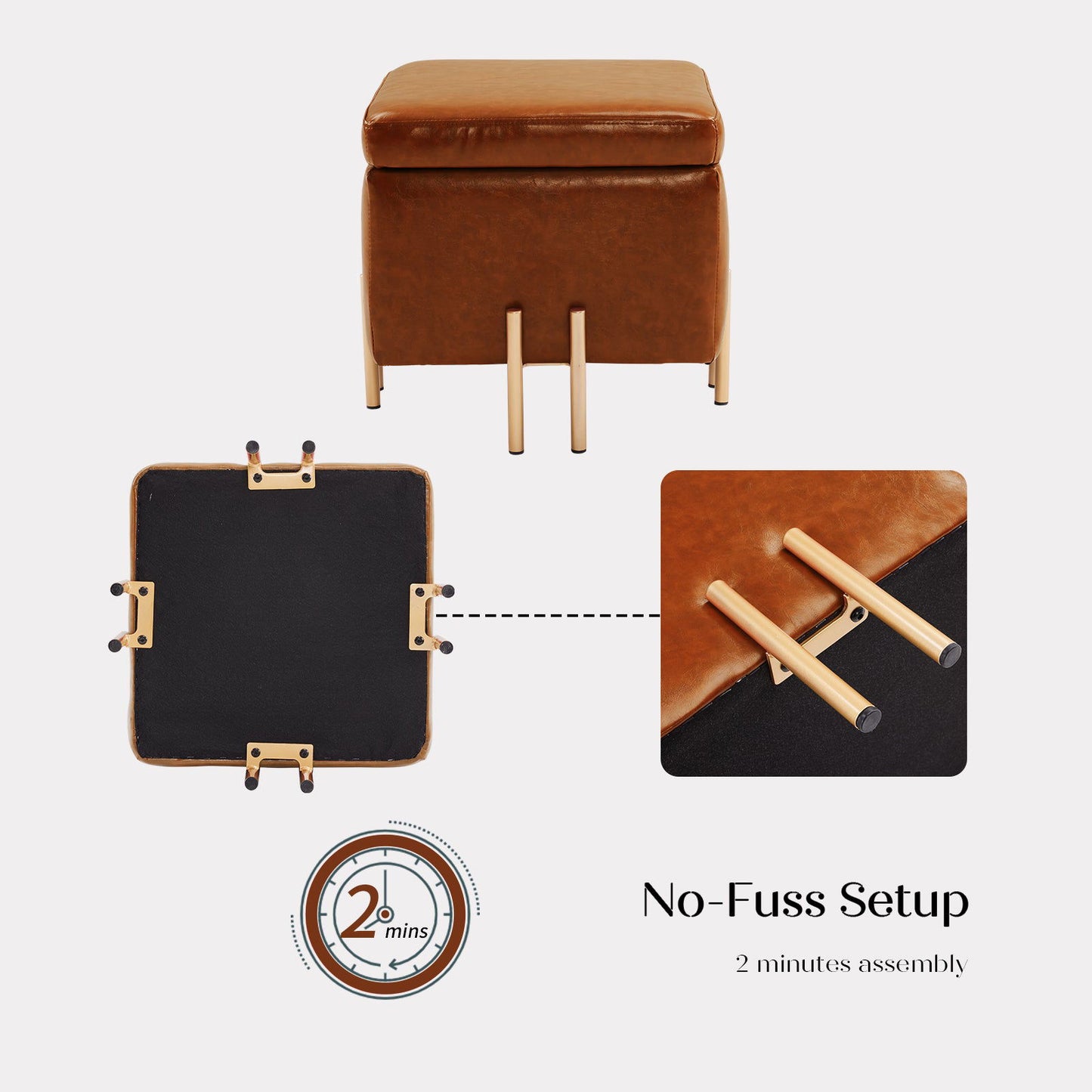 2X Storage Ottoman Foot Stool Cube Tuffet Seat 45cm PU Leather BROWN - Cosy Abode