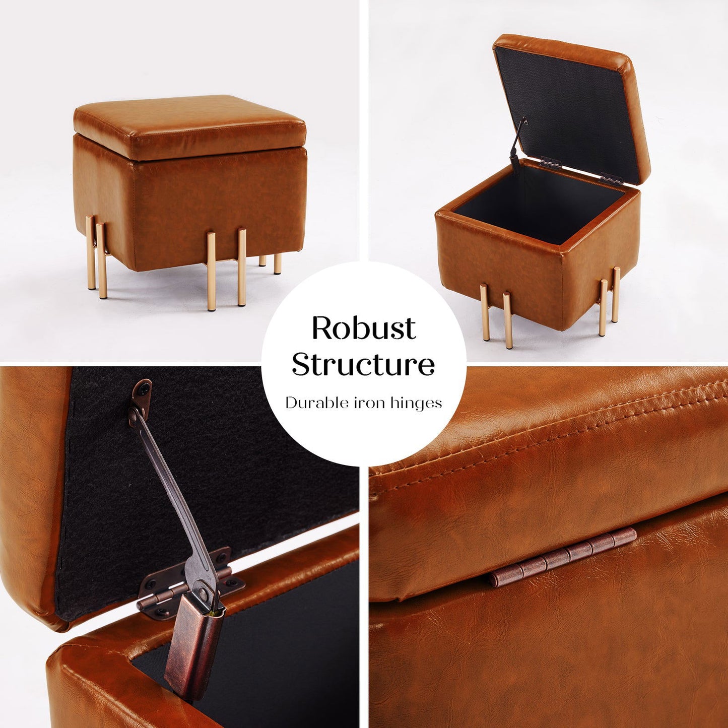 2X Storage Ottoman Foot Stool Cube Tuffet Seat 45cm PU Leather BROWN - Cosy Abode