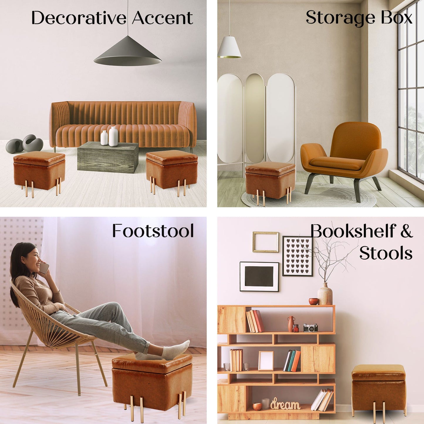 2X Storage Ottoman Foot Stool Cube Tuffet Seat 45cm PU Leather BROWN - Cosy Abode