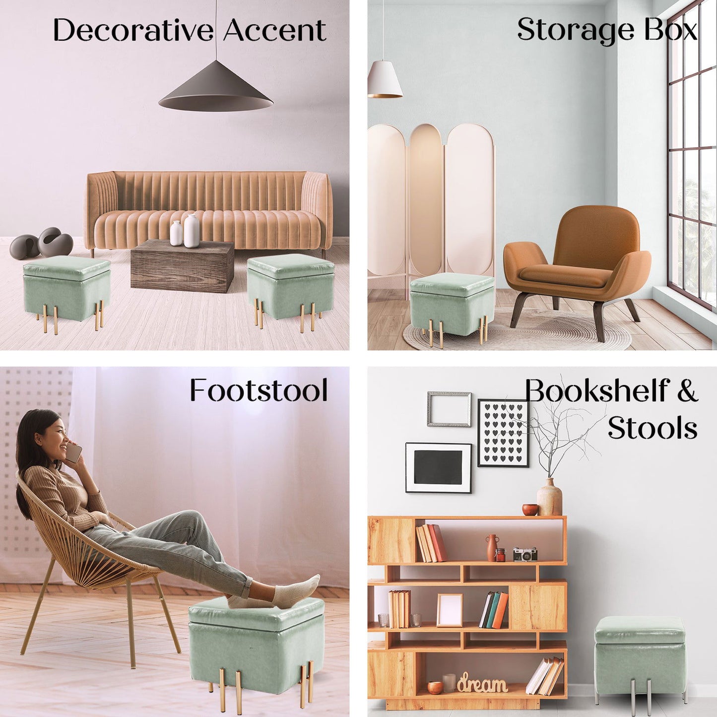 2X Storage Ottoman Foot Stool Cube Tuffet Seat 45cm PU Leather GREEN - Cosy Abode