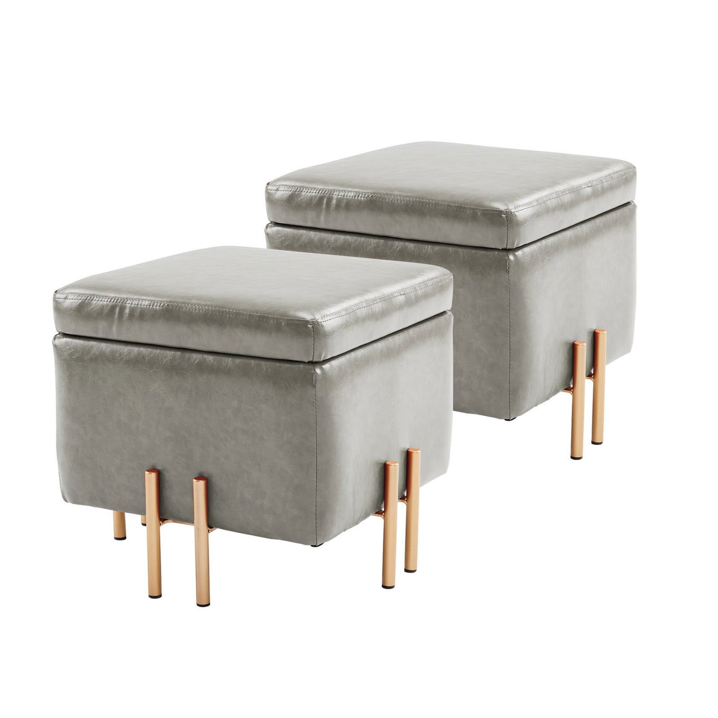 2X Storage Ottoman Foot Stool Cube Tuffet Seat 45cm PU Leather GREY - Cosy Abode