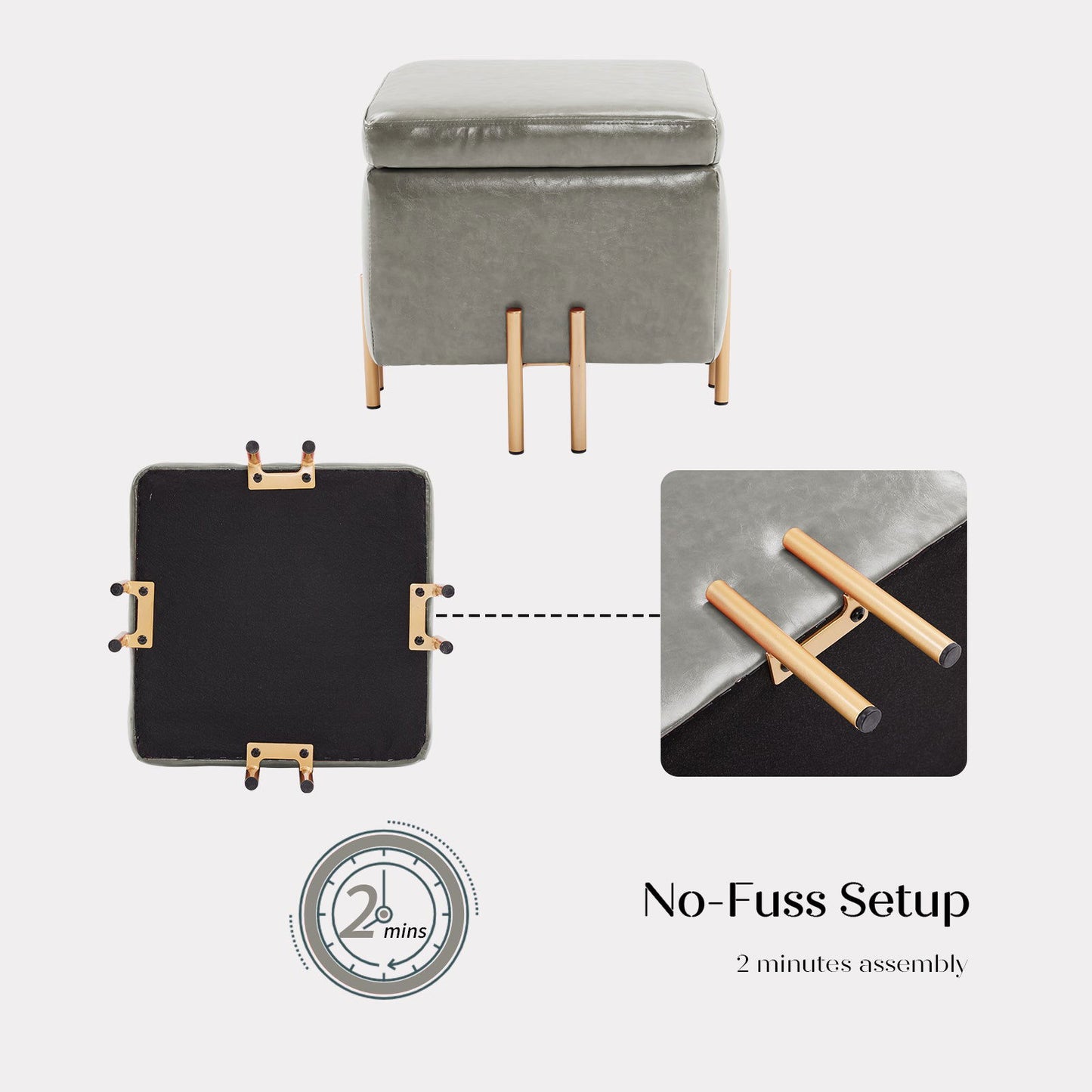 2X Storage Ottoman Foot Stool Cube Tuffet Seat 45cm PU Leather GREY - Cosy Abode