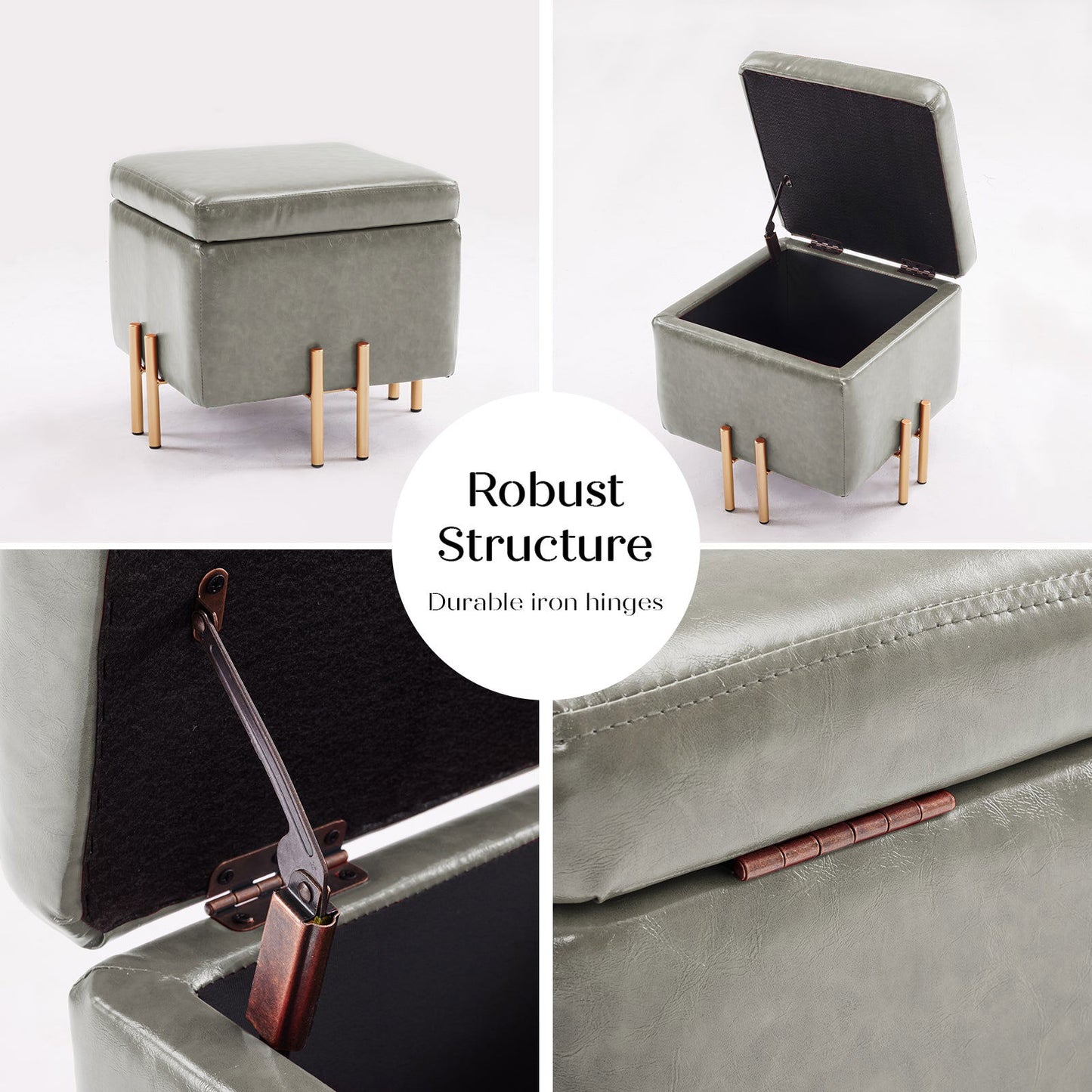 2X Storage Ottoman Foot Stool Cube Tuffet Seat 45cm PU Leather GREY - Cosy Abode