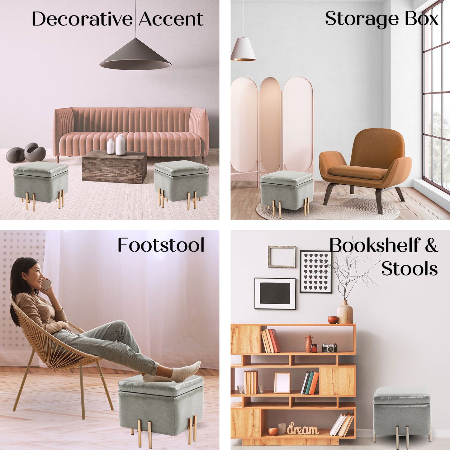 2X Storage Ottoman Foot Stool Cube Tuffet Seat 45cm PU Leather GREY - Cosy Abode