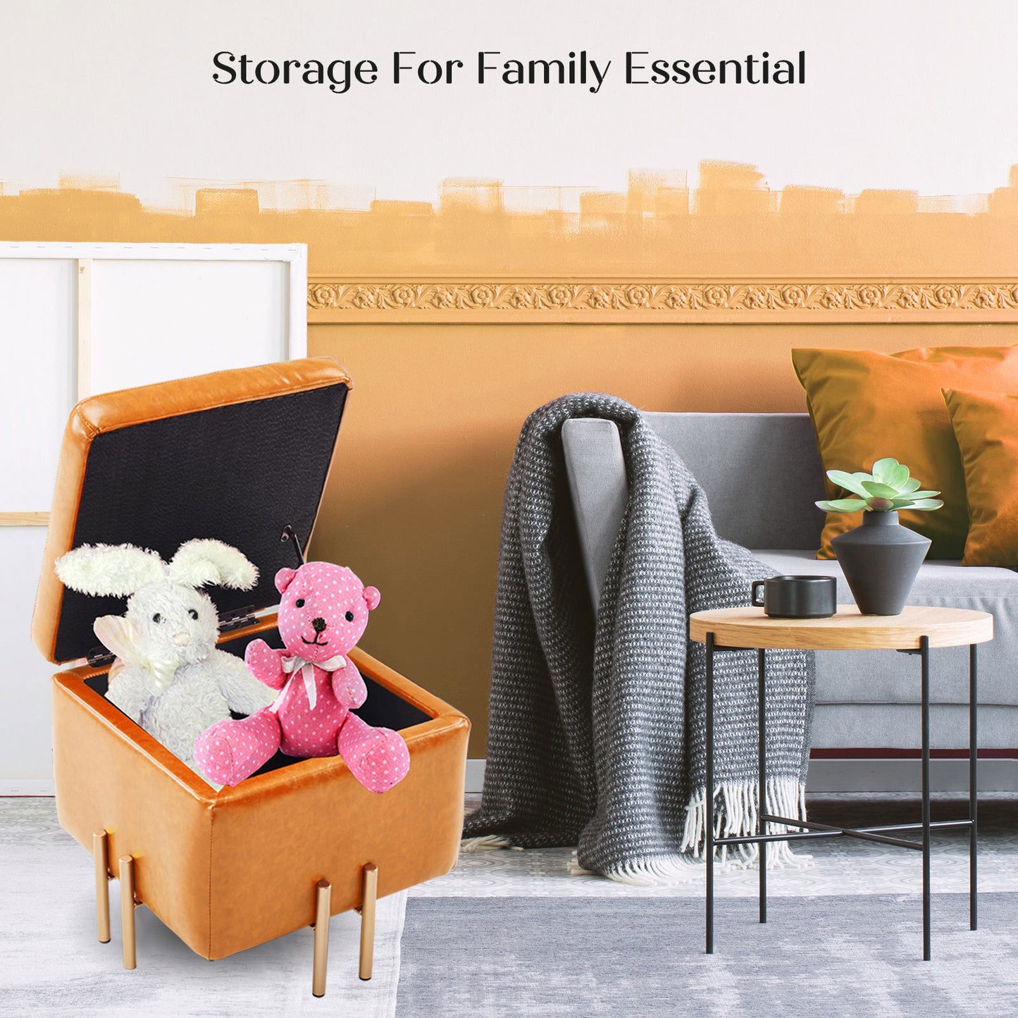2X Storage Ottoman Foot Stool Cube Tuffet Seat 45cm PU Leather LIGHT BROWN - Cosy Abode