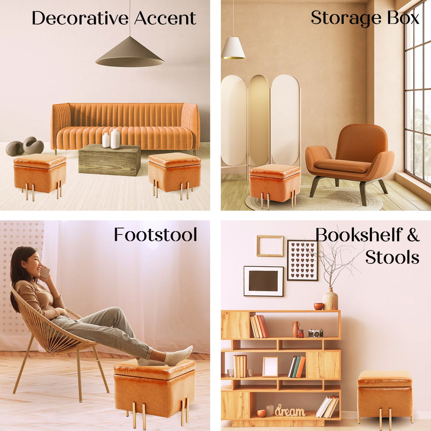 2X Storage Ottoman Foot Stool Cube Tuffet Seat 45cm PU Leather LIGHT BROWN - Cosy Abode