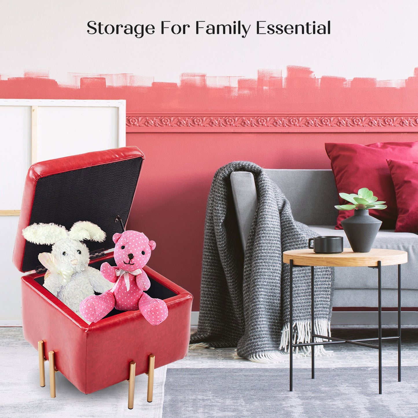 2X Storage Ottoman Foot Stool Cube Tuffet Seat 45cm PU Leather RED - Cosy Abode