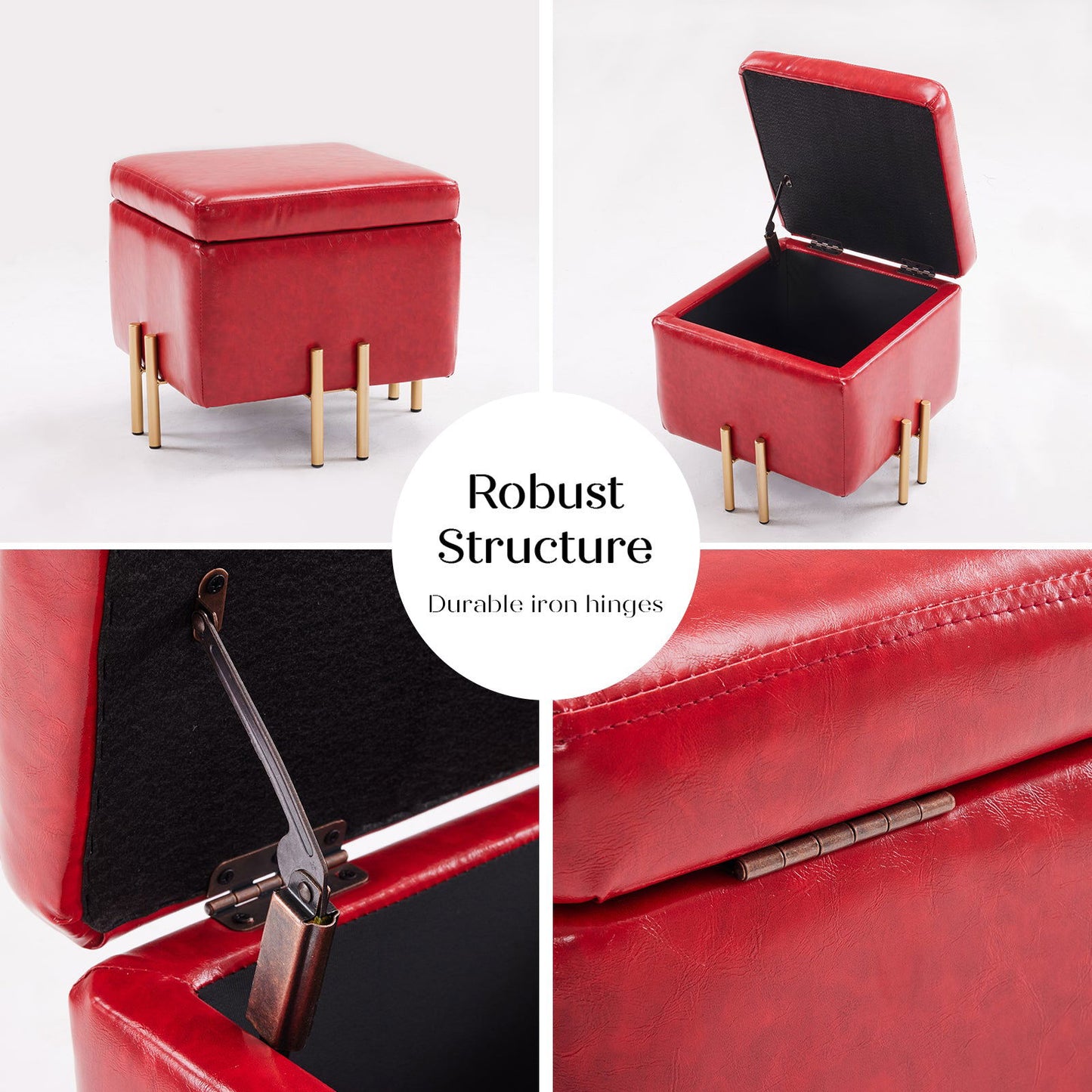 2X Storage Ottoman Foot Stool Cube Tuffet Seat 45cm PU Leather RED - Cosy Abode