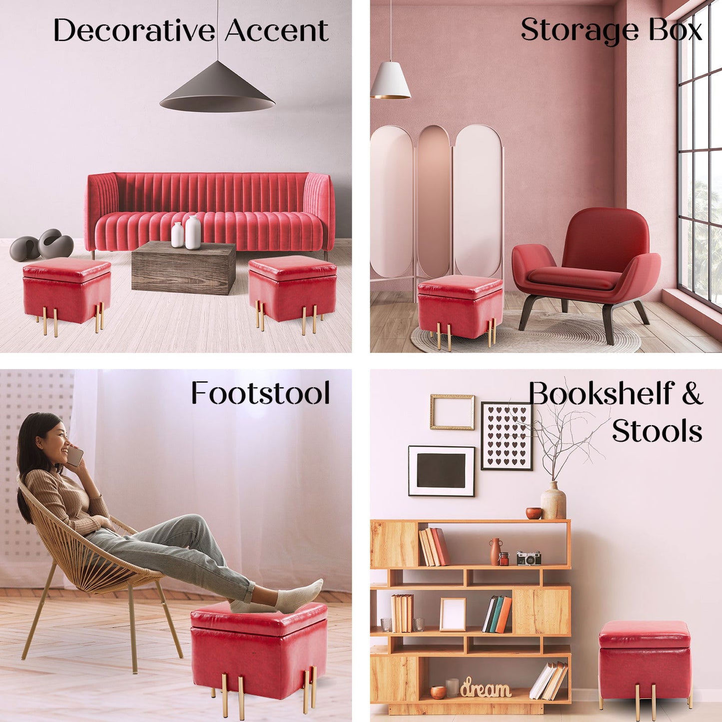 2X Storage Ottoman Foot Stool Cube Tuffet Seat 45cm PU Leather RED - Cosy Abode
