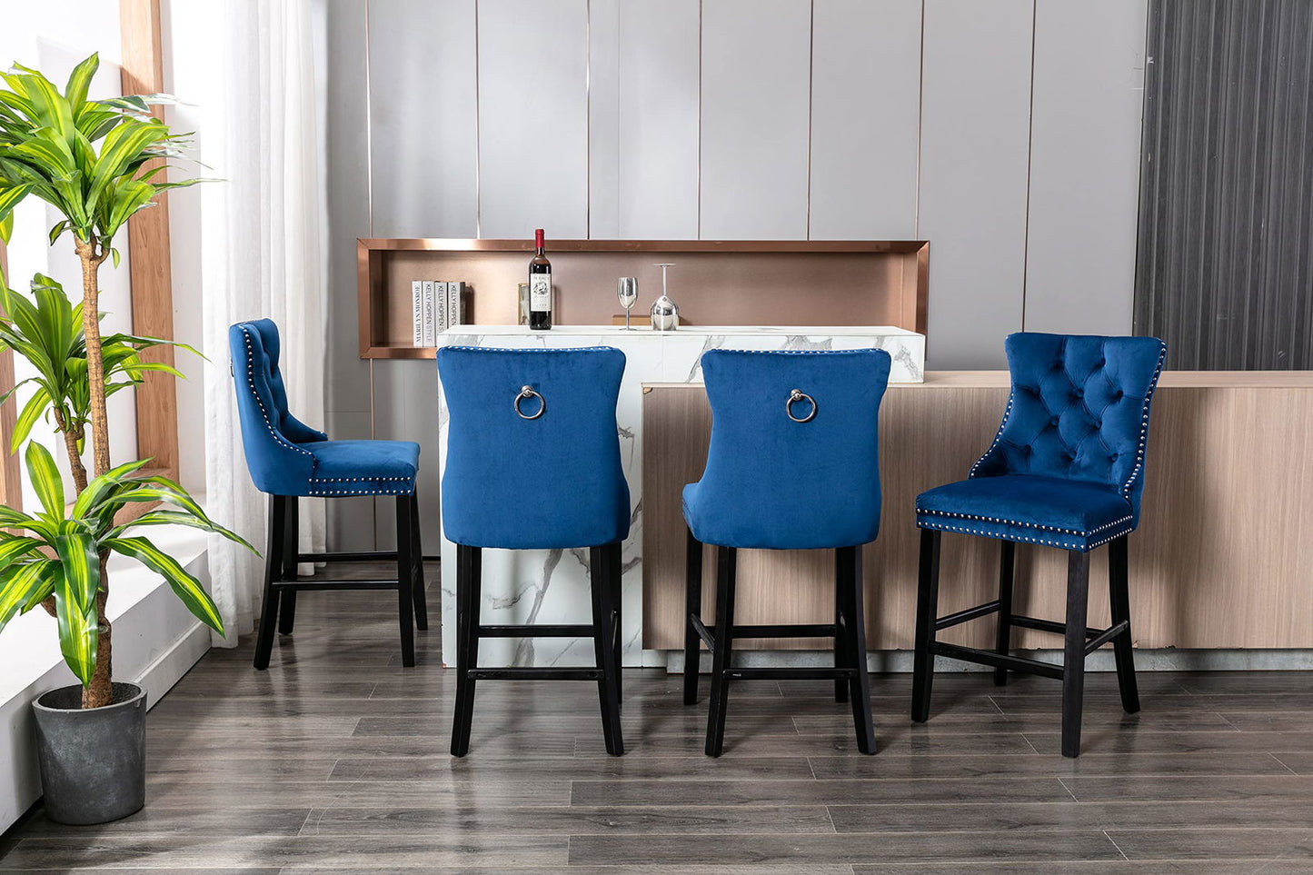 2X Velvet Bar Stools with Studs Trim Wooden Legs Tufted Dining Chairs Kitchen - Cosy Abode