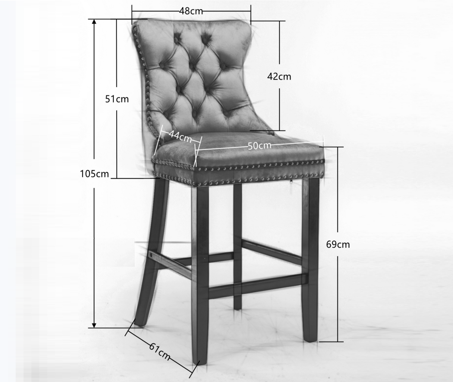 2X Velvet Bar Stools with Studs Trim Wooden Legs Tufted Dining Chairs Kitchen - Cosy Abode