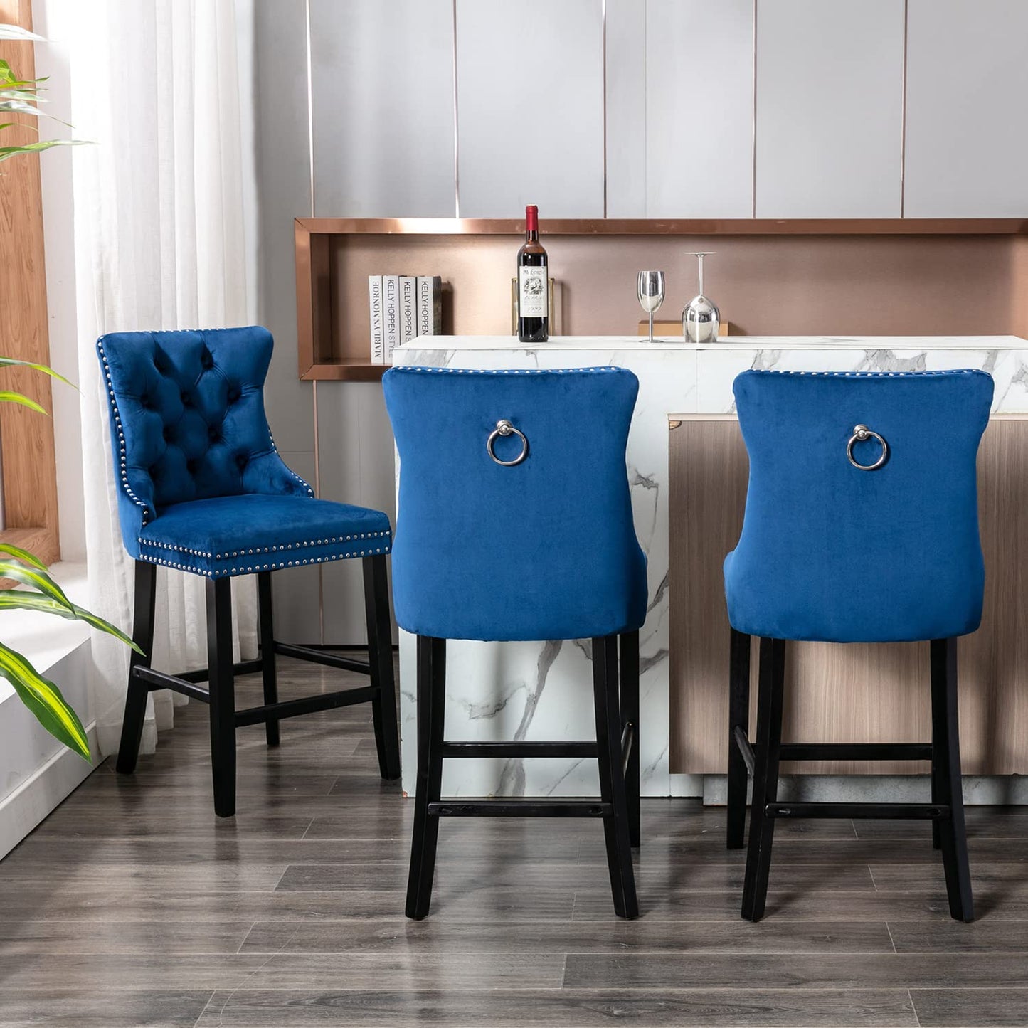 2X Velvet Bar Stools with Studs Trim Wooden Legs Tufted Dining Chairs Kitchen - Cosy Abode