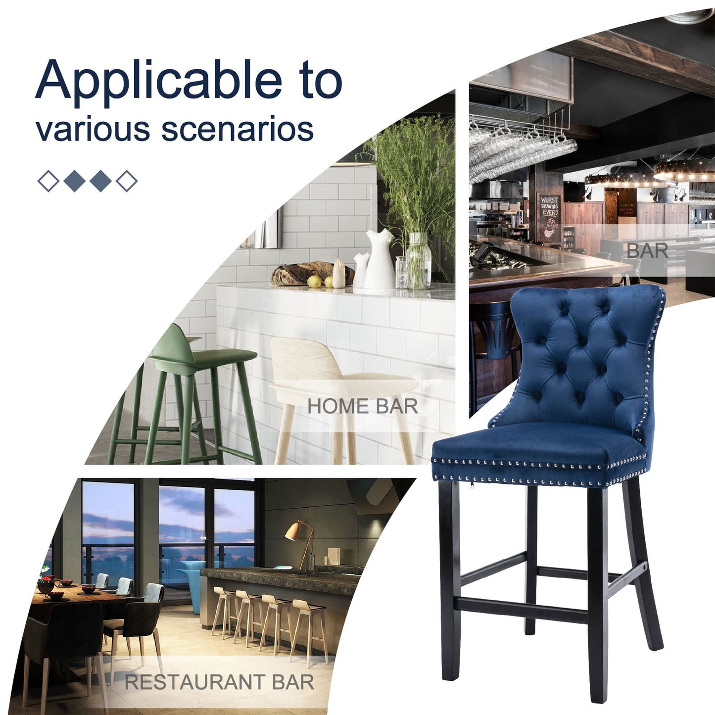 2X Velvet Bar Stools with Studs Trim Wooden Legs Tufted Dining Chairs Kitchen - Cosy Abode