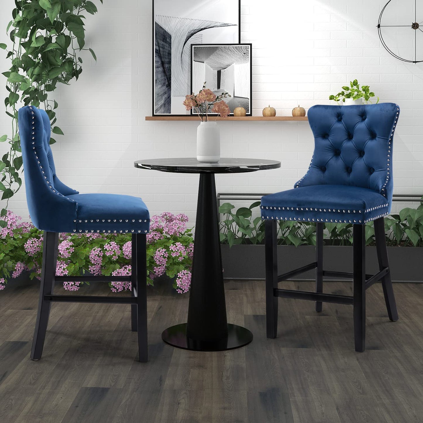2X Velvet Bar Stools with Studs Trim Wooden Legs Tufted Dining Chairs Kitchen - Cosy Abode