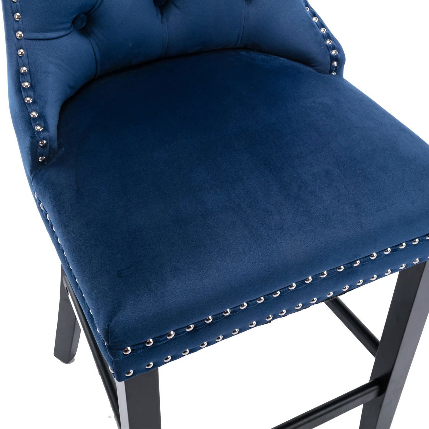 2X Velvet Bar Stools with Studs Trim Wooden Legs Tufted Dining Chairs Kitchen - Cosy Abode