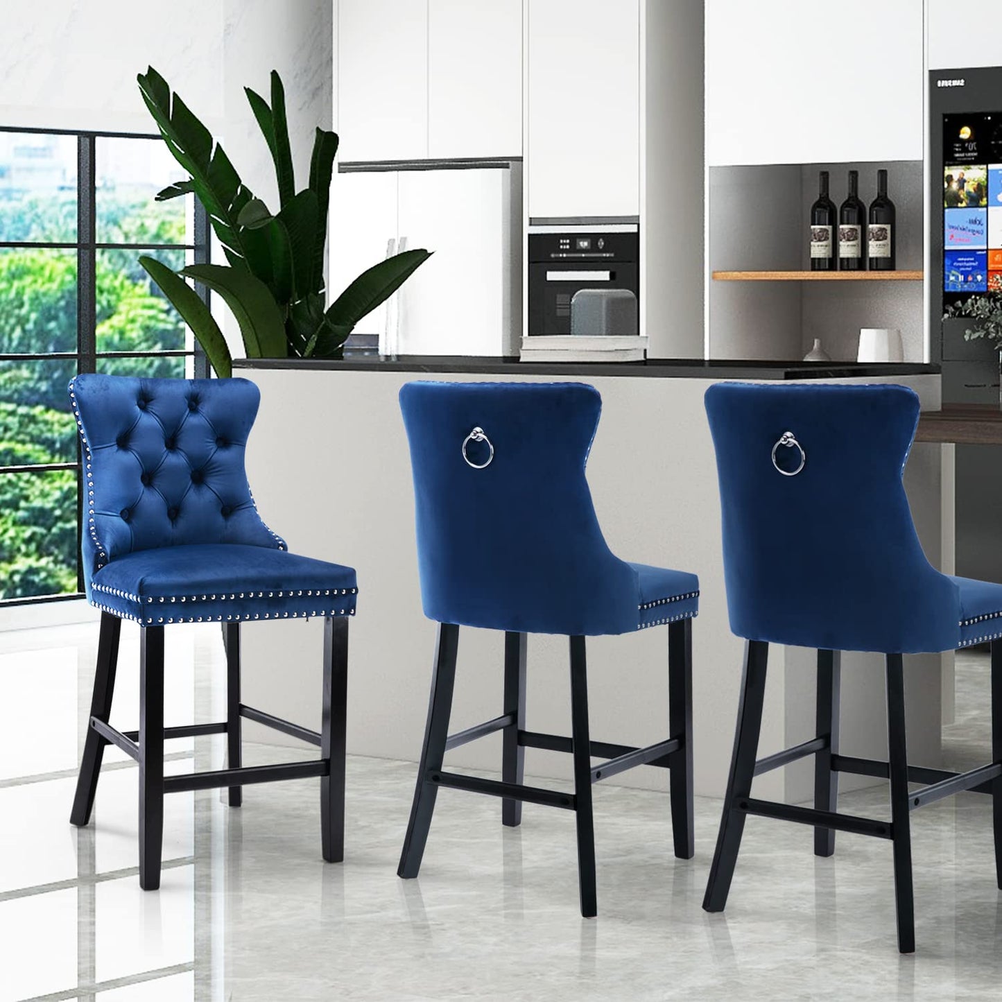 2X Velvet Bar Stools with Studs Trim Wooden Legs Tufted Dining Chairs Kitchen - Cosy Abode