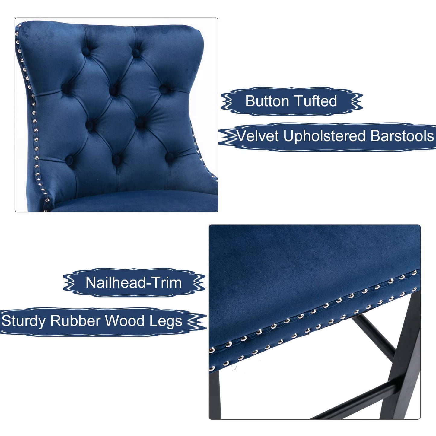 2X Velvet Bar Stools with Studs Trim Wooden Legs Tufted Dining Chairs Kitchen - Cosy Abode