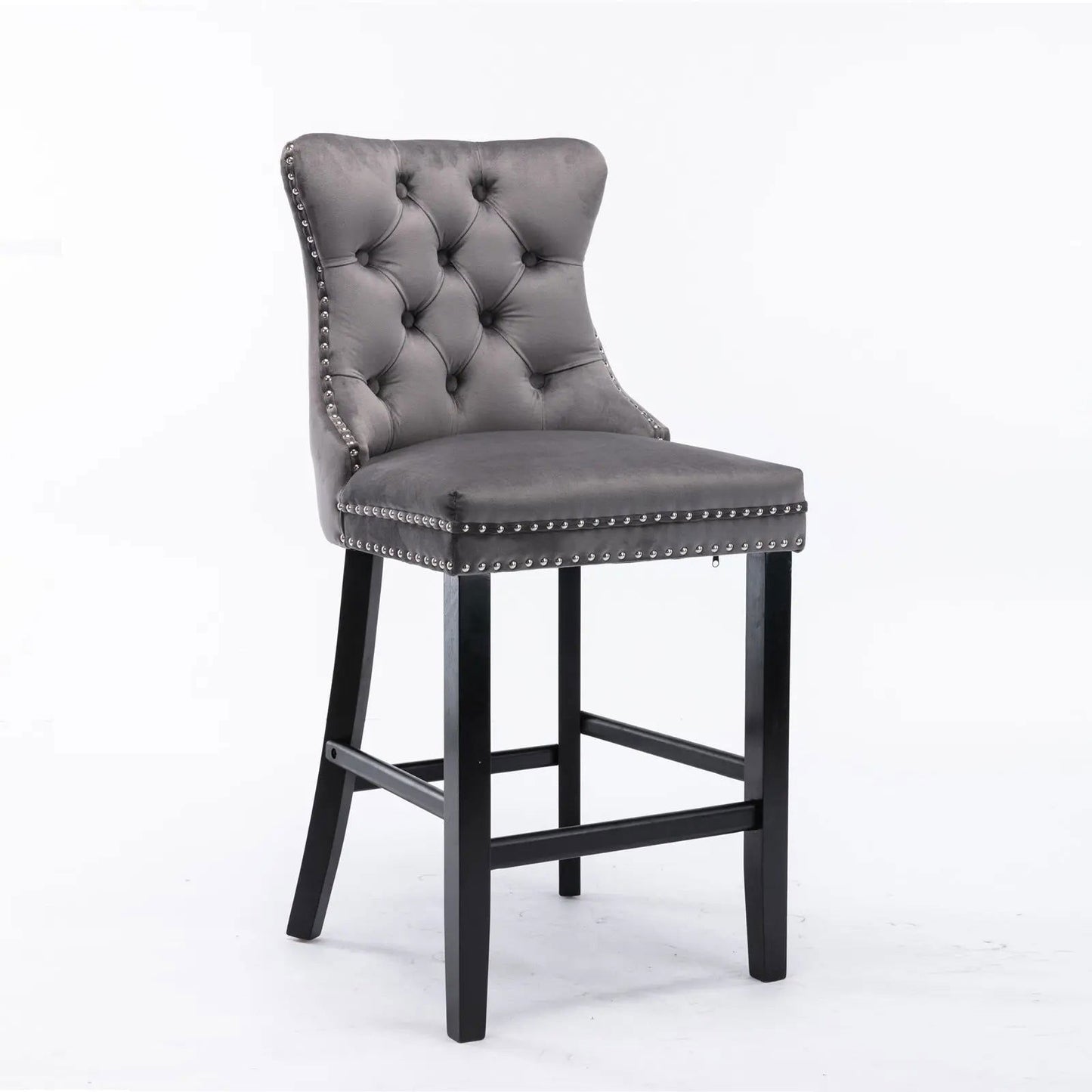 2X Velvet Bar Stools with Studs Trim Wooden Legs Tufted Dining Chairs Kitchen - Cosy Abode