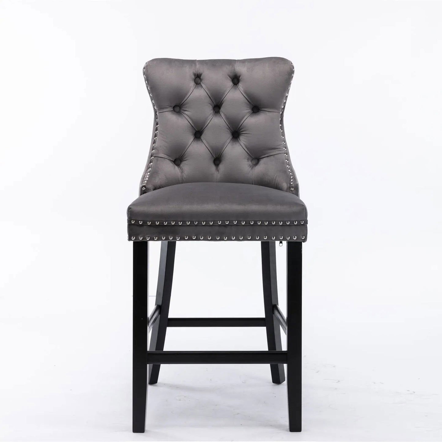 2X Velvet Bar Stools with Studs Trim Wooden Legs Tufted Dining Chairs Kitchen - Cosy Abode