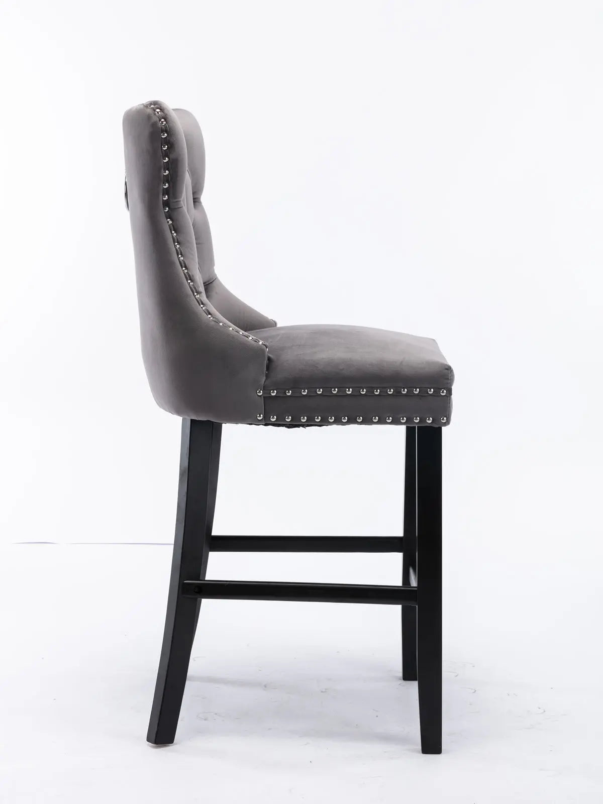 2X Velvet Bar Stools with Studs Trim Wooden Legs Tufted Dining Chairs Kitchen - Cosy Abode