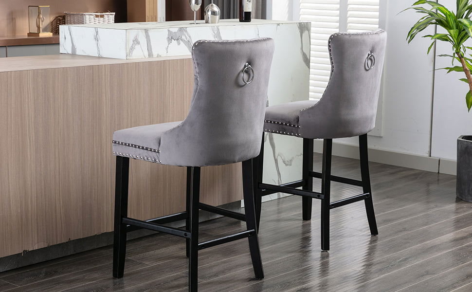 2X Velvet Bar Stools with Studs Trim Wooden Legs Tufted Dining Chairs Kitchen - Cosy Abode